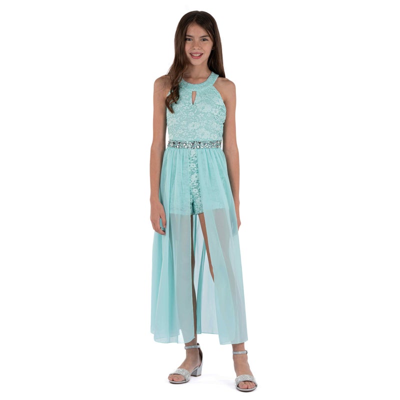 Speechless Girls' High Neck Romper Maxi Walk-Through Party Dress, Aqua, 16